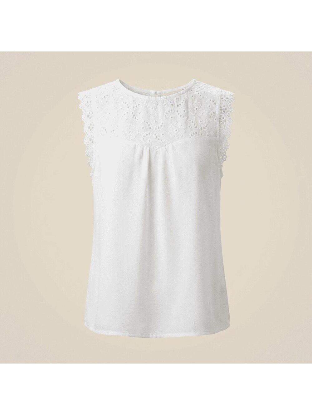 Monteau White Lace Yolk Sleeveless Blouse Button Keyhole Back M 100% Cotton